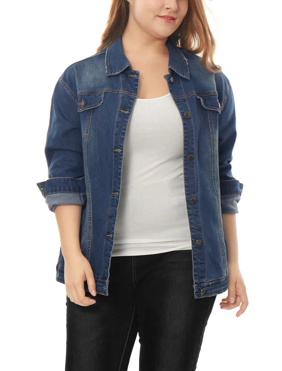 Allegra K Mujer Talla grande Manga Larga Cuello vuelto Botón Chaqueta Vaquera Chaqueta Azul