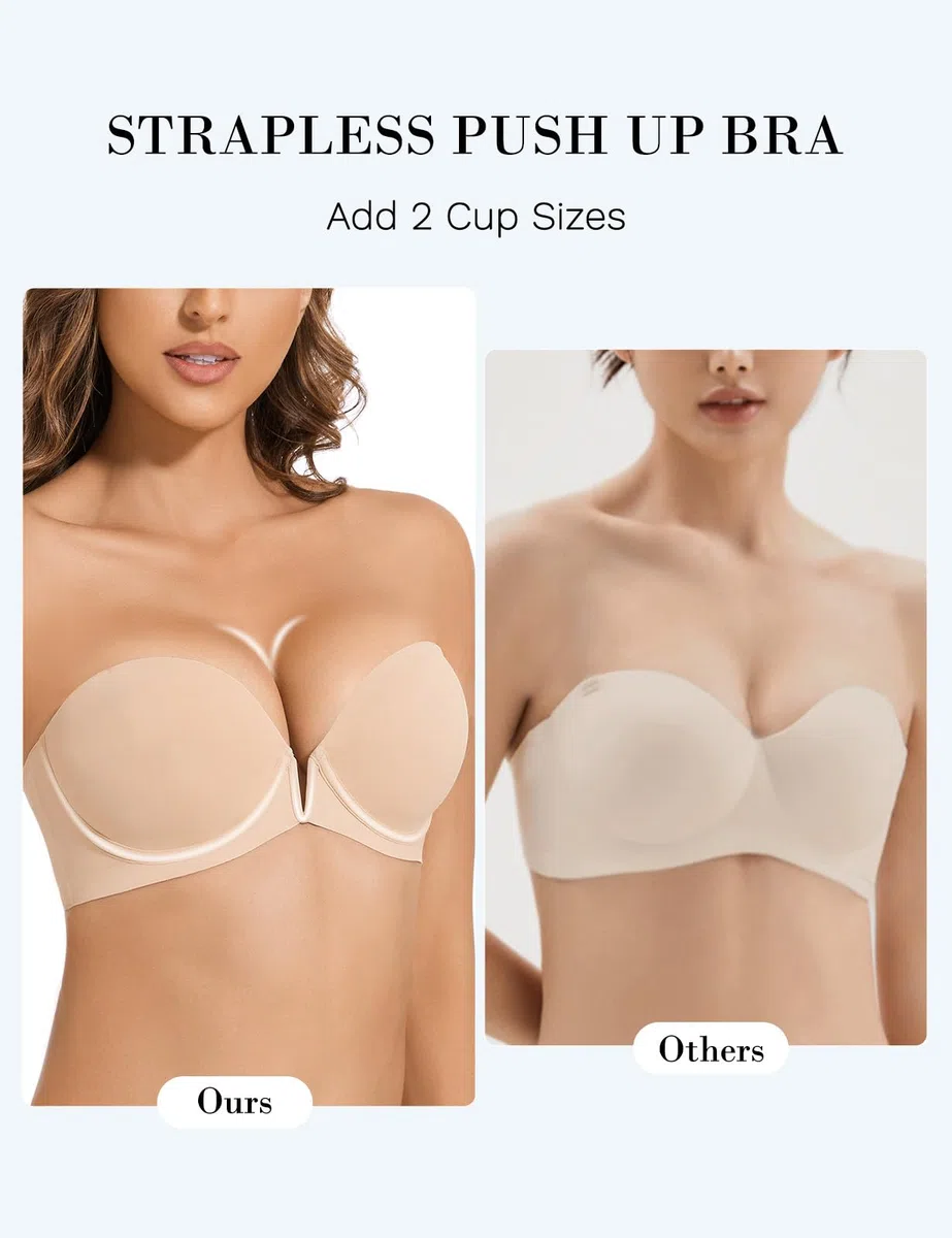Upushall Brasier sin Tirantes con Push up, Antideslizante, Escote en V Profundo, con Aros para Mujer, súper Acolchado, añade 2 Copas