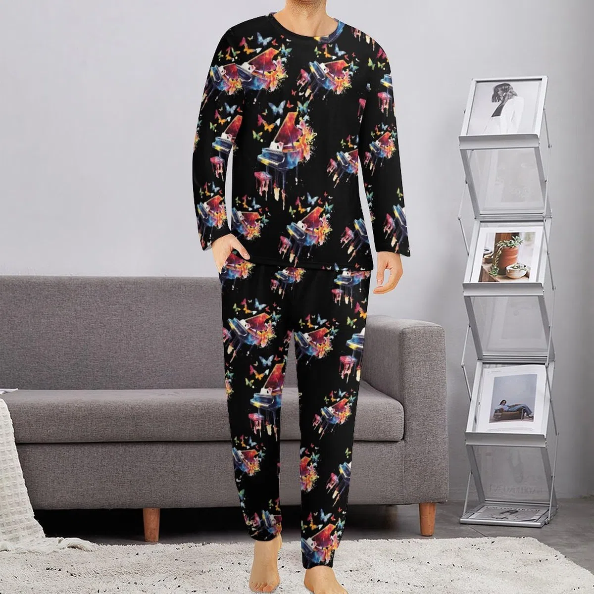 Conjunto de pijama de piano con mariposas voladoras para hombre, cuello redondo, 2 piezas, manga larga, suave parte superior e inferior transpirable para todas las estaciones