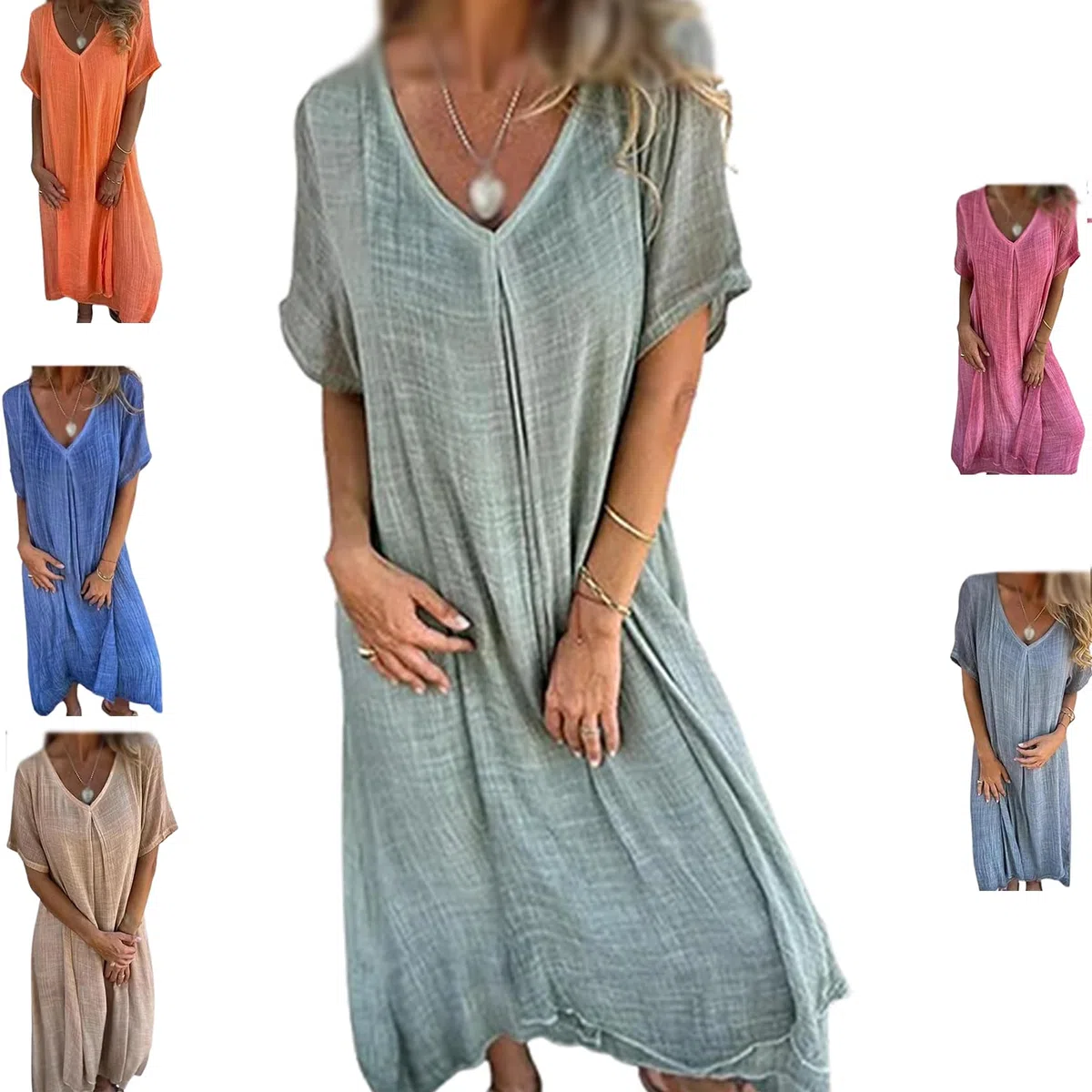 Frontaley Cotton and Linen V-Neck Midi Dress, Solid Casual Dress, Comfortable Holiday Style (Green,10XL)