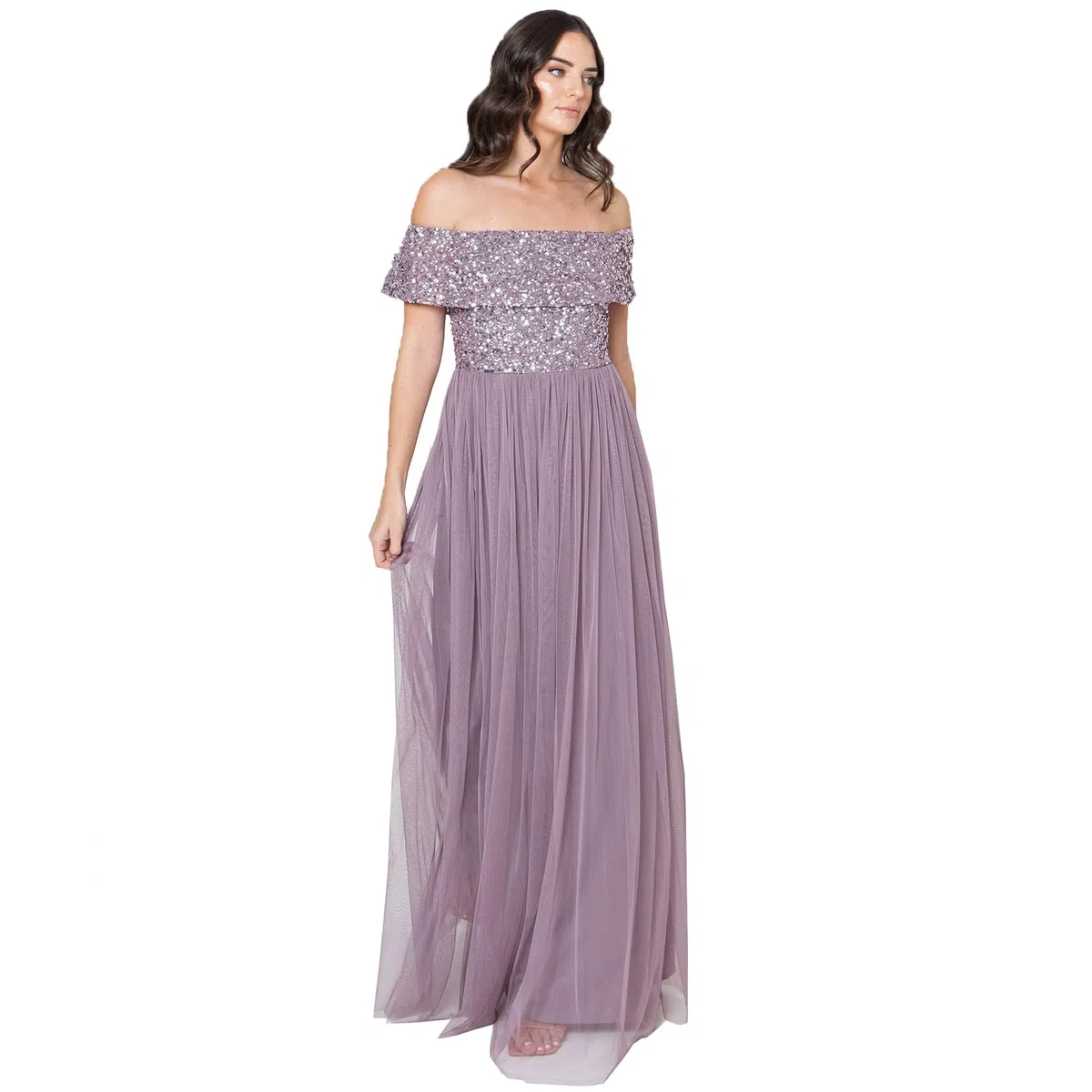 Maya Deluxe Misty Green Bardot Embellished Maxi Dress Vestido de Dama de Honor para Mujer