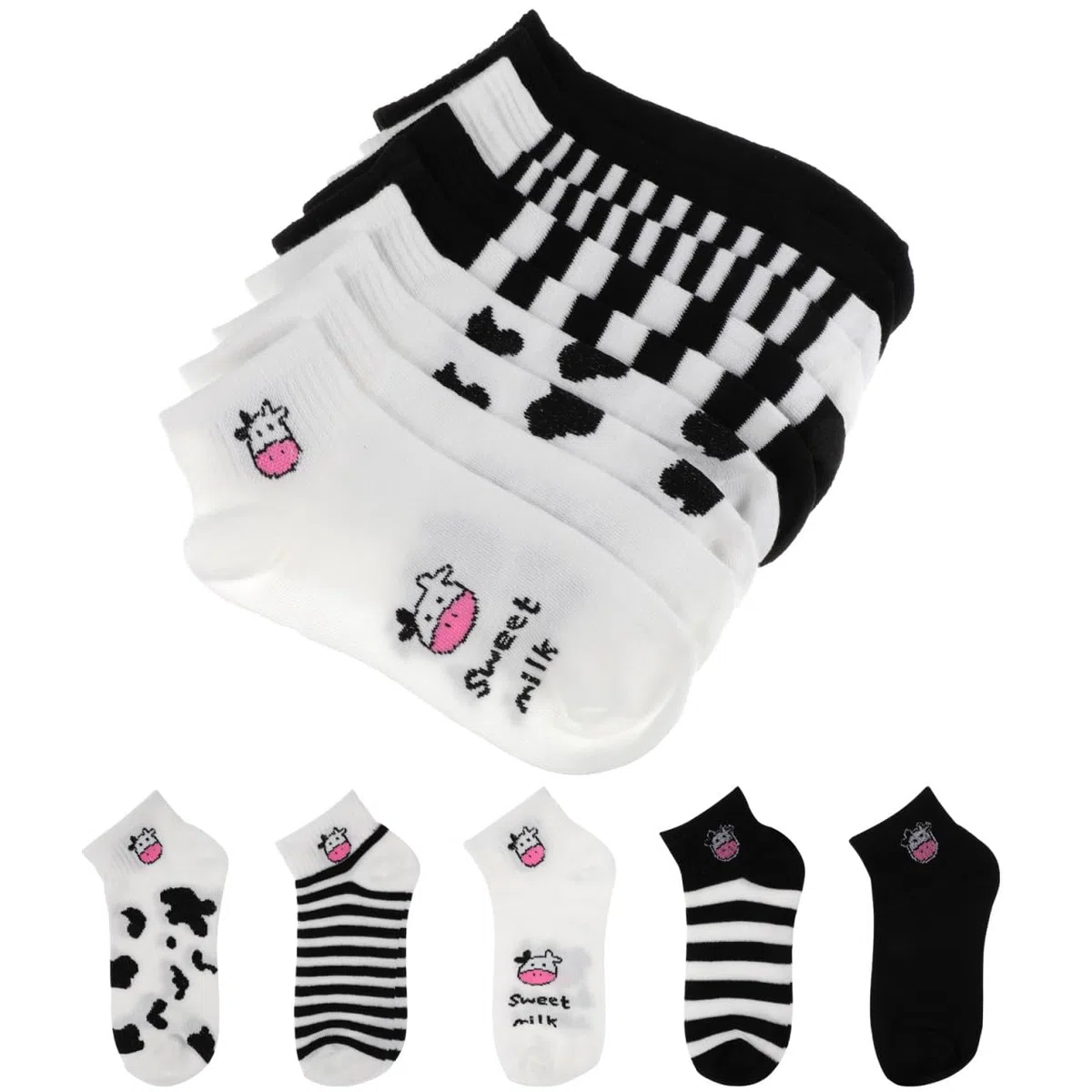 BESPORTBLE 5 pares Calcetines Cortos de Algodón para Mujer con Estampado de Vaca y Diseño Elástico y Transpirable para Adolescentes y Diario
