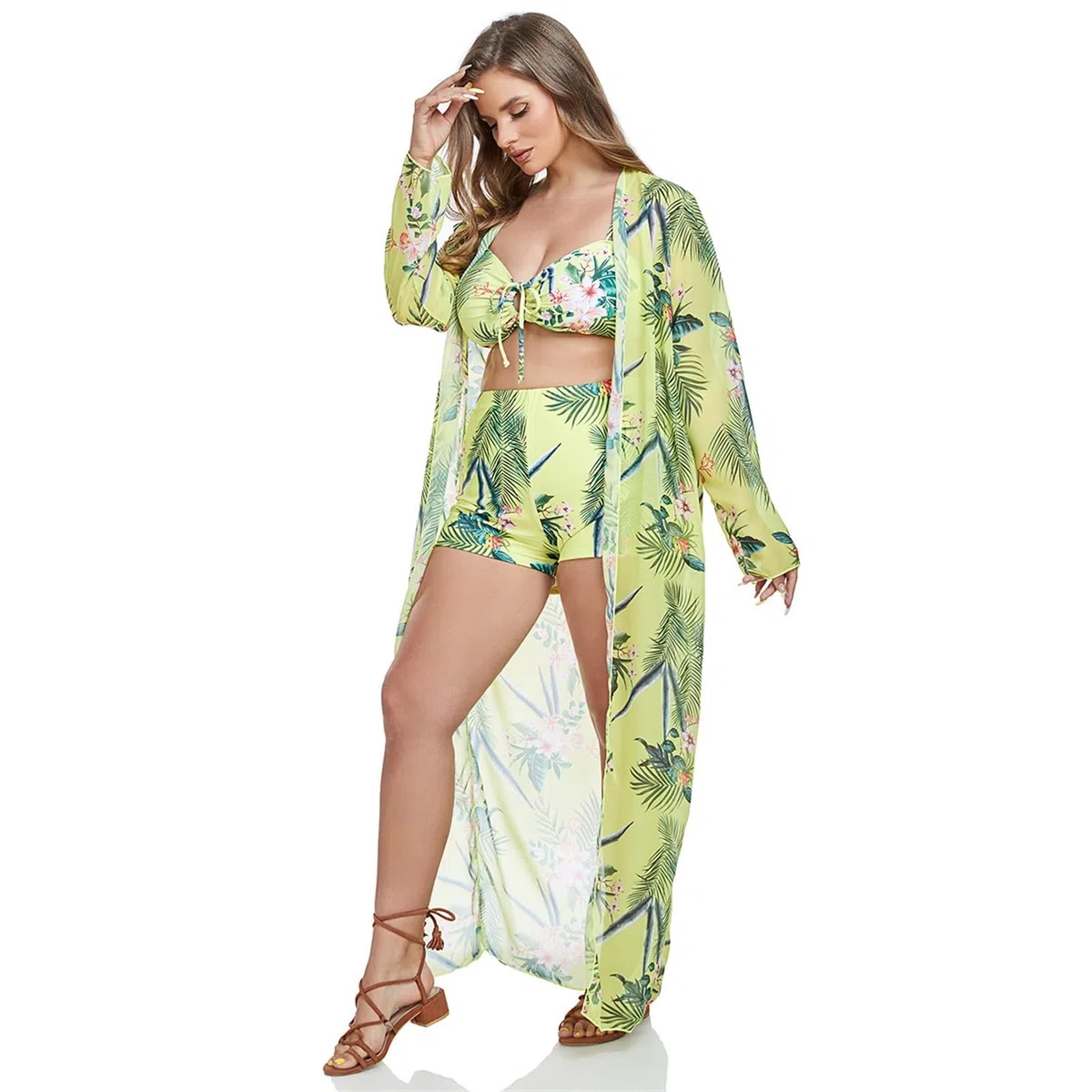Traje de baño para Mujer, Traje de baño de 3 Piezas, Conjunto de Bikini con cordón, Funda de Playa de Manga Larga