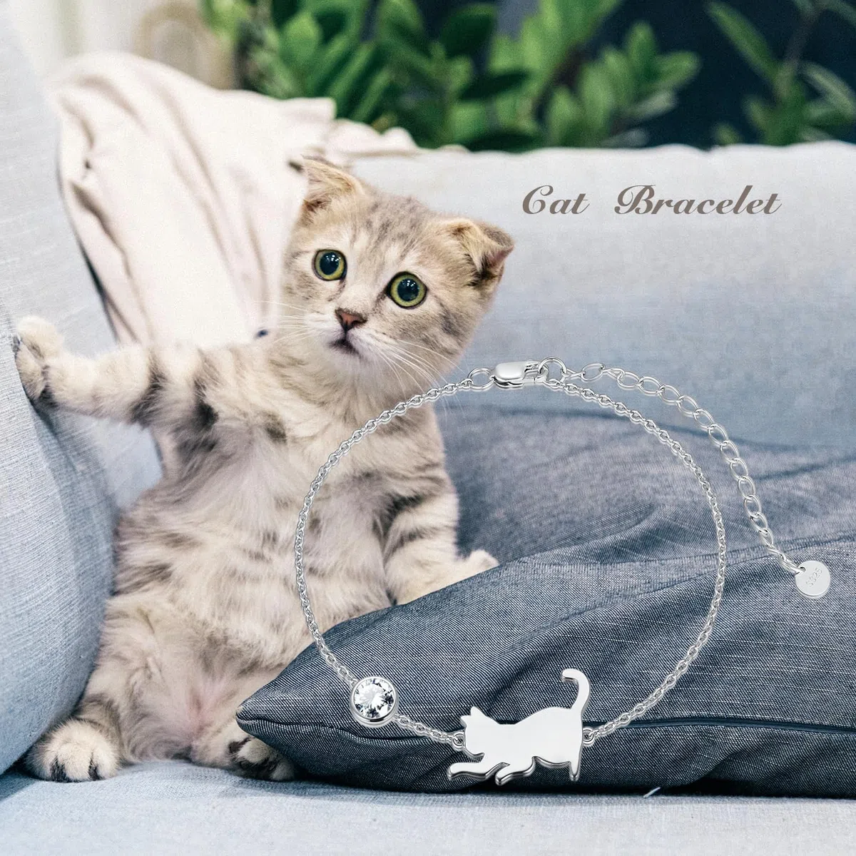 LONAGO Pulsera Gato Plata de Ley 925 Linda Gato con Pulsera de Piedra Lunar Joyas para Mujeres