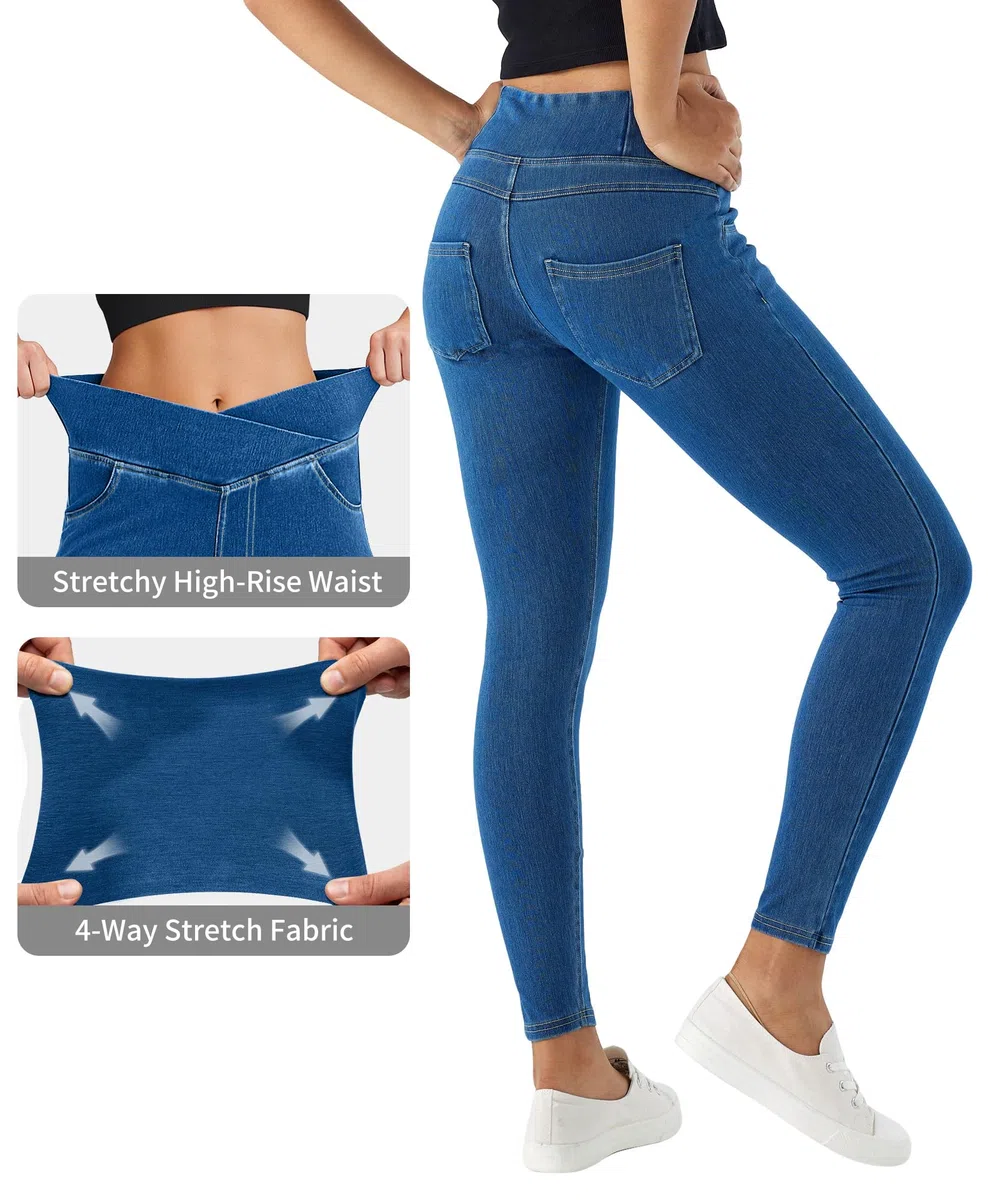 LaiEr V Cruzada de Cintura Mujer Skinny Jeans Alta Barriga Casual Fitness Leggings, Soft Stretch Casual Faux Denim Print Laterales Adecuado para Deportes y Ocio,con Bolsillos
