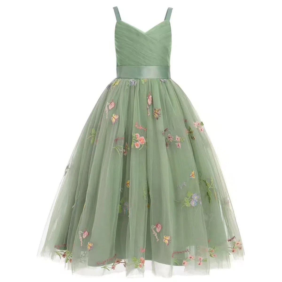 Genérico Vestido de cumpleaños Infantil con Tirantes de Encaje Bordado (3 a 14 años) (Green, 10-12 Years)