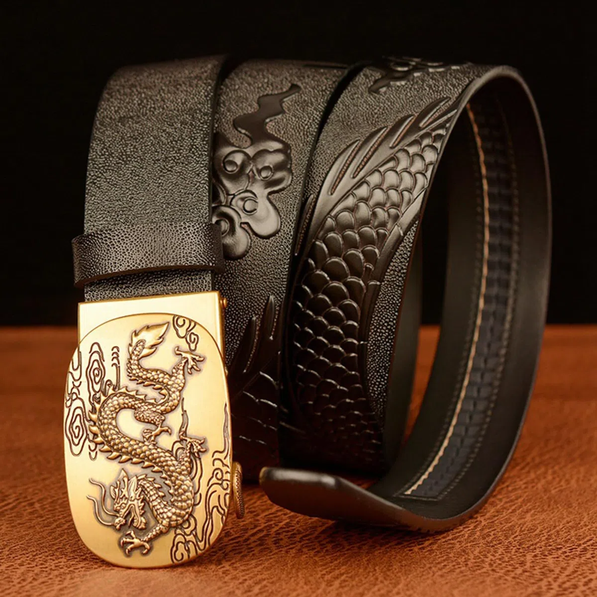 Cinturón De Trinquete para Hombre Hebilla Automática Deslizante Dragon Cinturones De Dragón Tallado En Relieve Longitud 110-130cm Correas De Cuero De Vaca(130cm/51, Black)
