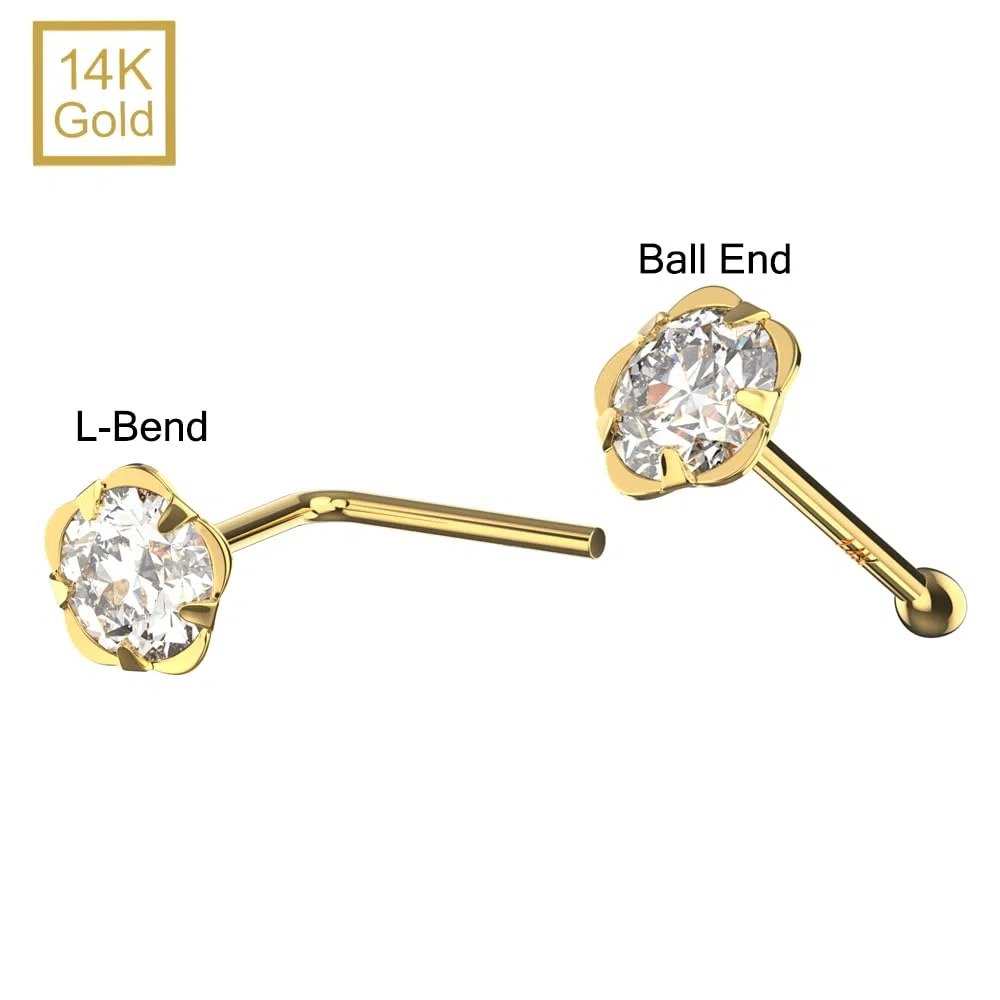 Piercing de nariz de oro amarillo macizo de 14 quilates con circonita cúbica sobre flor