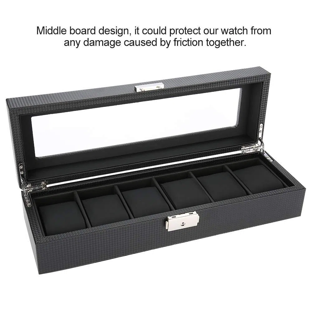 Caja de reloj, 6 rejillas PU Soporte de reloj de cuero de fibra de carbono Caja de exhibición de Estuche para Relojes con Tapa de Cristal Cuero Sintético y Forro Negro