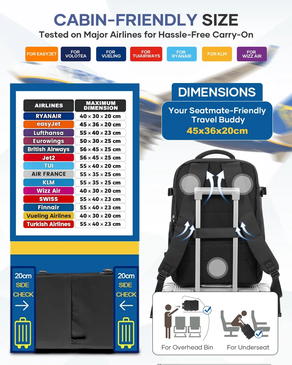 Mochila al Vacío con Bomba Mochila Viaje Cabina Avion con Compresión al Vacío Airbag, Impermeable, Equipaje de Mano para Hombre Mujer - Negro