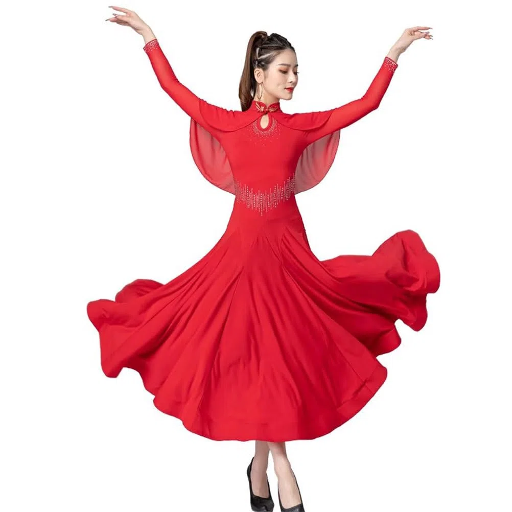 Vestido de Competencia Nacional Estándar de Mujeres Ropa de Baile de Vals Flamenco Traje de Baile Foxtrot Tango de Manga Larga Disfraz de Baile Brillante para Fiesta Salsa