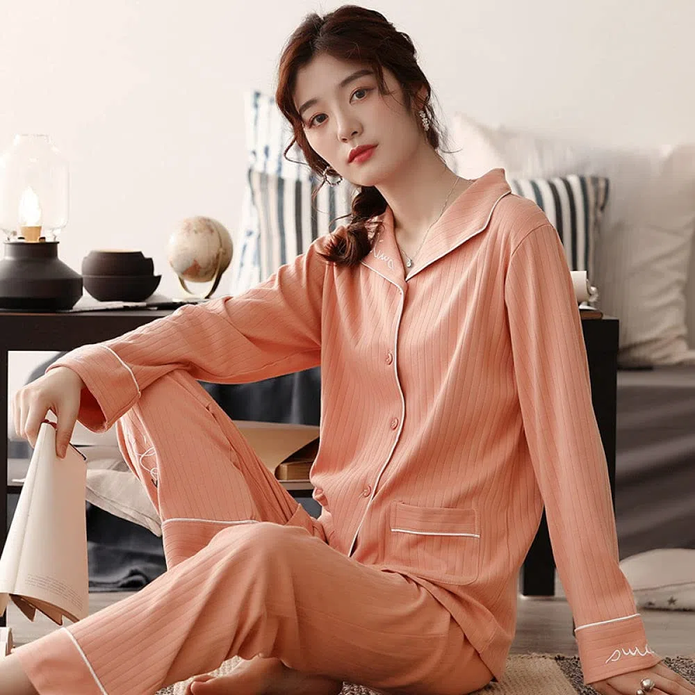 Manga Larga Pijama De Mujer De Dos Piezas,Conjunto De Pijama De Manga Larga para Mujer, Cuello Clásico con Muesca, Suave Y Cómodo, Ropa De Salón De Algodón para Mujer, Pijama De Otoño Invierno,