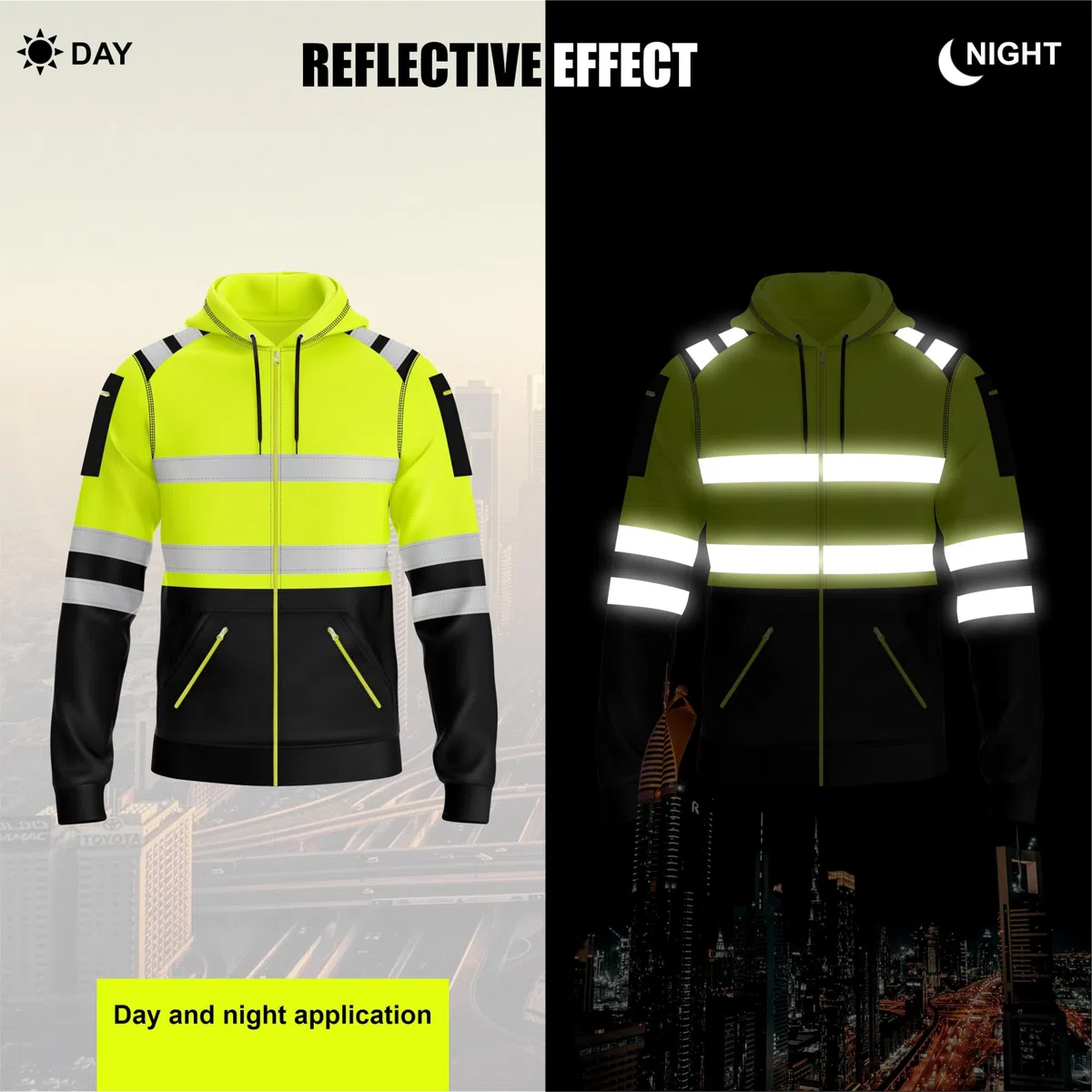 MyMixTrendz Mens Hi Vis Zip Up Multi Zipper Pockets Safety Work Wear Hoodie Reflective Tape High Viz High Visibility Zipper Hoodie Sweatshirt S-2XL
