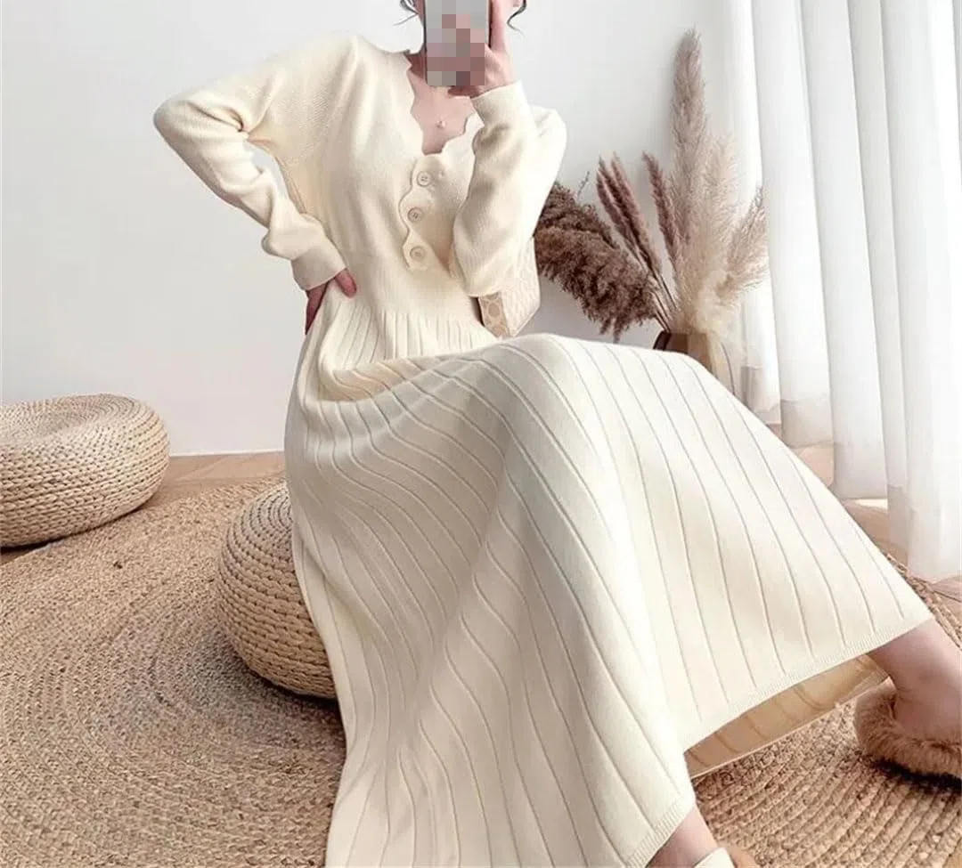 Vestido de punto para mujer para otoño e invierno, corte ajustado, manga larga, vestido de punto para fiesta, falda de lana.