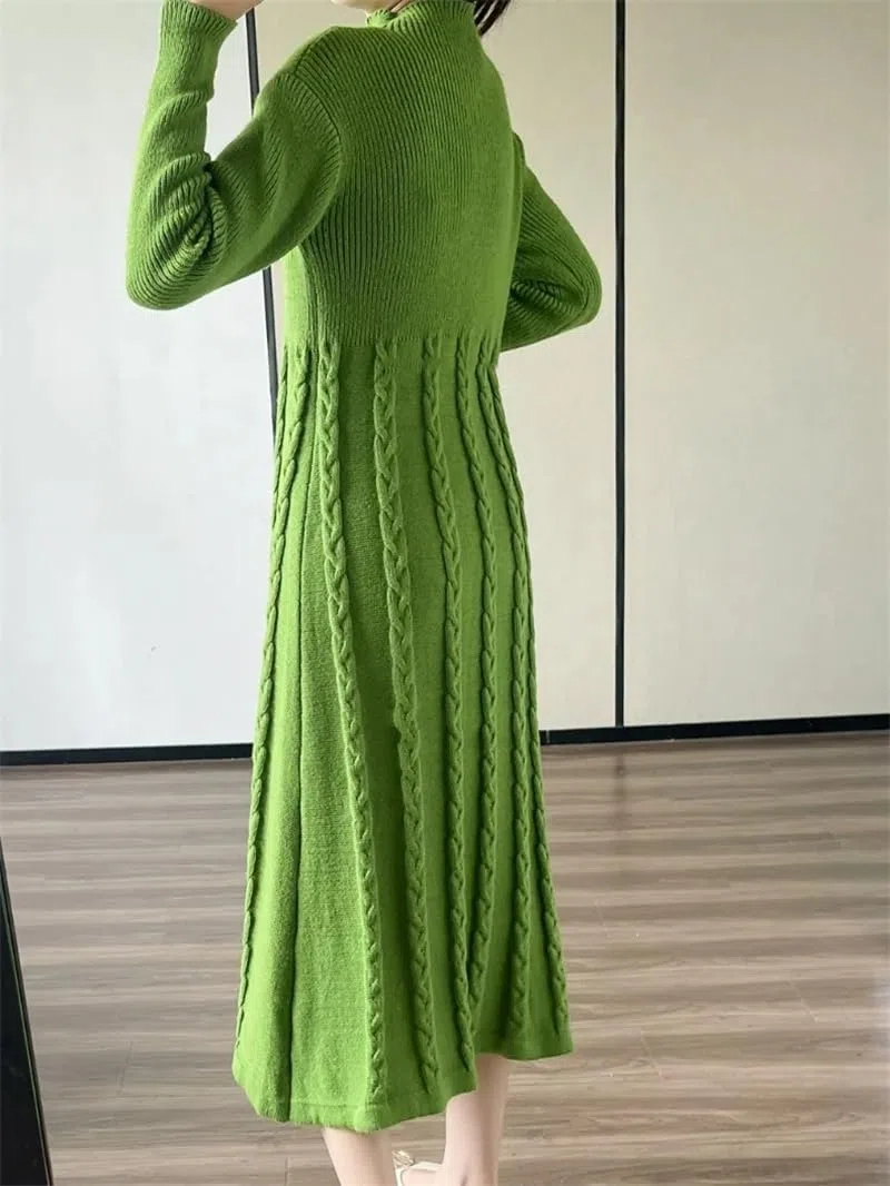 Vestido de punto para mujer, otoño, invierno, línea A, liso, drapeado, casual, cálido