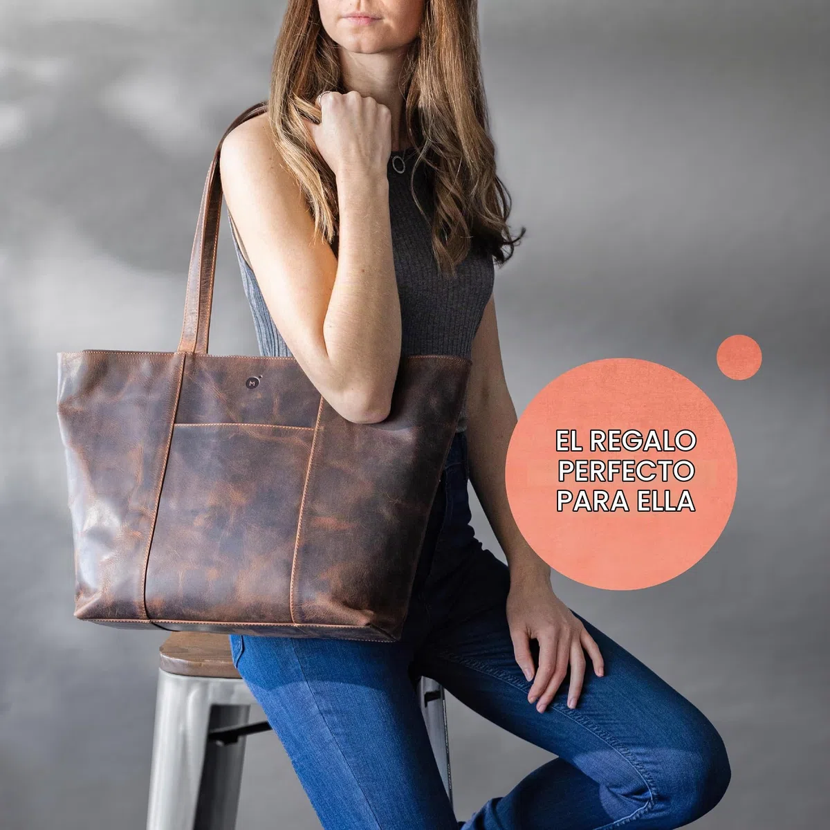 moonster Tote Bag 100% Cuero para Mujer – Bolso de Mujer Atemporal en Duradera Piel de Búfalo – Grandes Bolsos de Piel Auténtica para Mujer con Forro de Polialgodón y Aplicaciones Metálicas