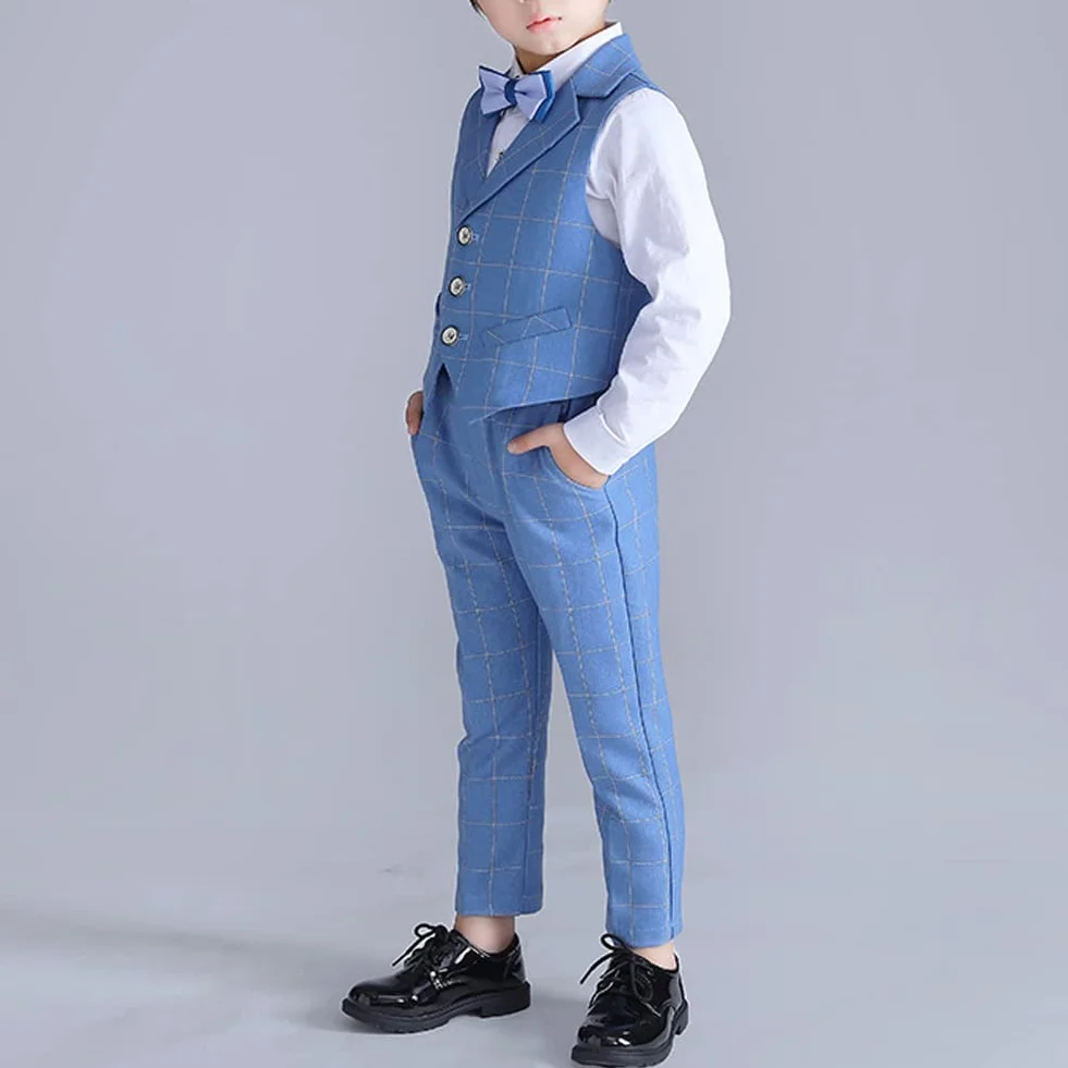 Traje de Caballero para Niño,Traje Conjunto de Chaleco a Cuadros Azul de Bebés Niños para Ceremonia,Traje Formal de Fiesta de Boda para Niños,Verano Ropa Niños Elegante Trajes de Bautizo