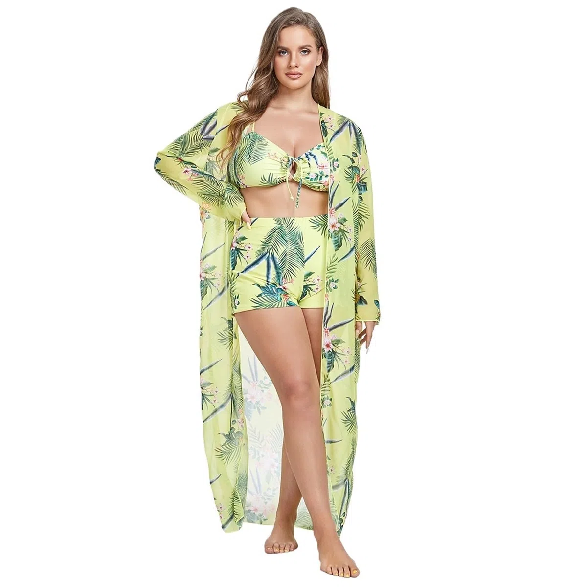 Traje de baño para Mujer, Traje de baño de 3 Piezas, Conjunto de Bikini con cordón, Funda de Playa de Manga Larga