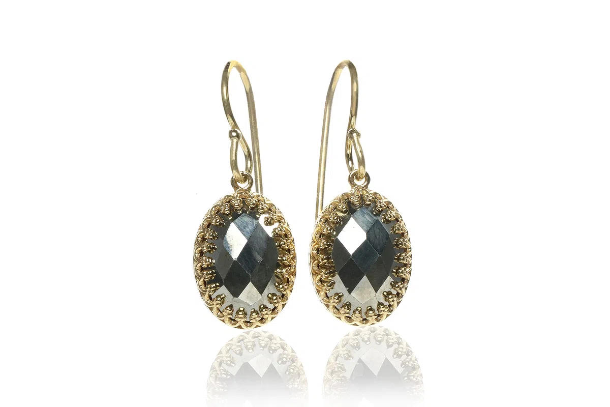 Pendientes de Cristal de Pirita - Pendientes Ovalados de Piedra Natural, Pendientes de Moda, Pendientes para Todos los Días - Pendientes de Oro Intrincados con Caja de Joyería - Elija su Material