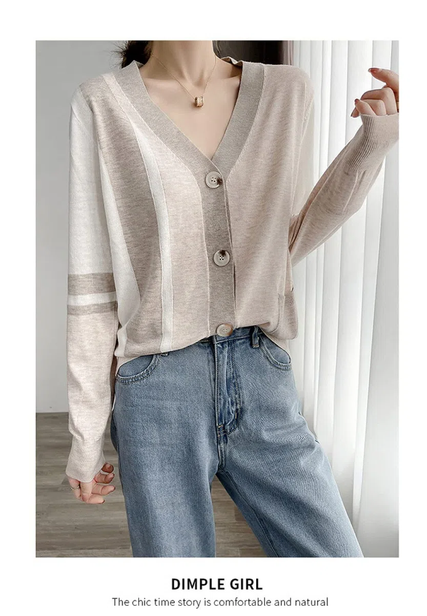 EIBA Chaqueta De Punto Mujer,Cárdigans De Punto para Mujer Moda Marrón Claro Color De Contraste Botón con Cuello En V Manga Larga Suéteres Delanteros Abiertos Cárdigan Otoño Elegante Chaqueta De AB