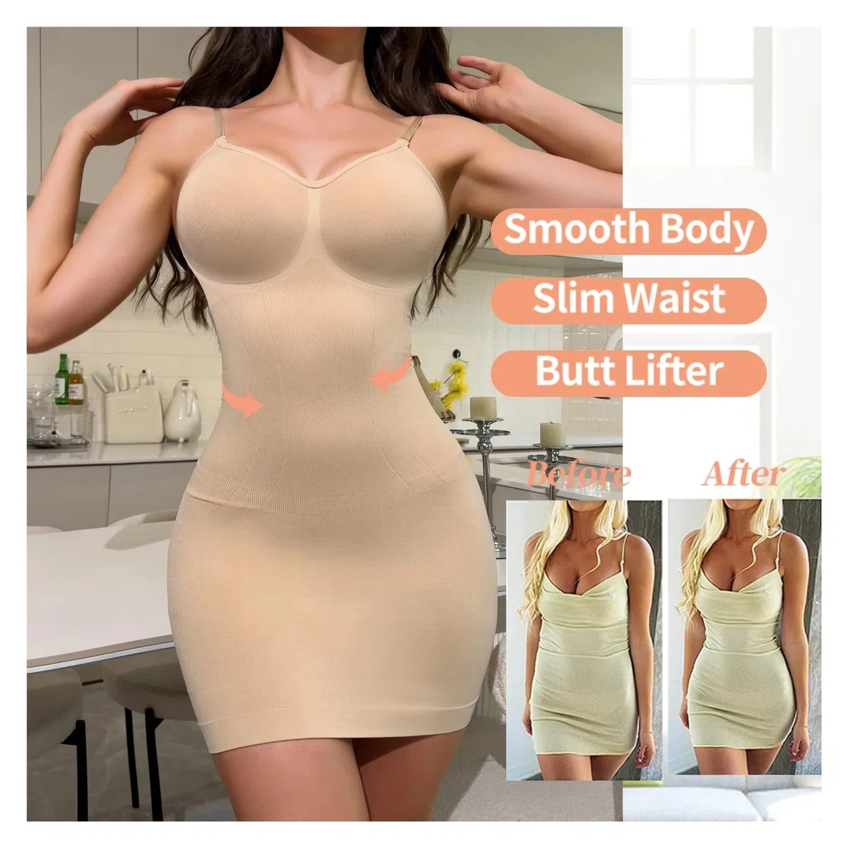 Vestido Moldeador Vestido Moldeador con Tirantes for Mujer, Ajustado, Sexy, con Control de Abdomen, Transpirable, Tallas S a 3XL(Black,L)