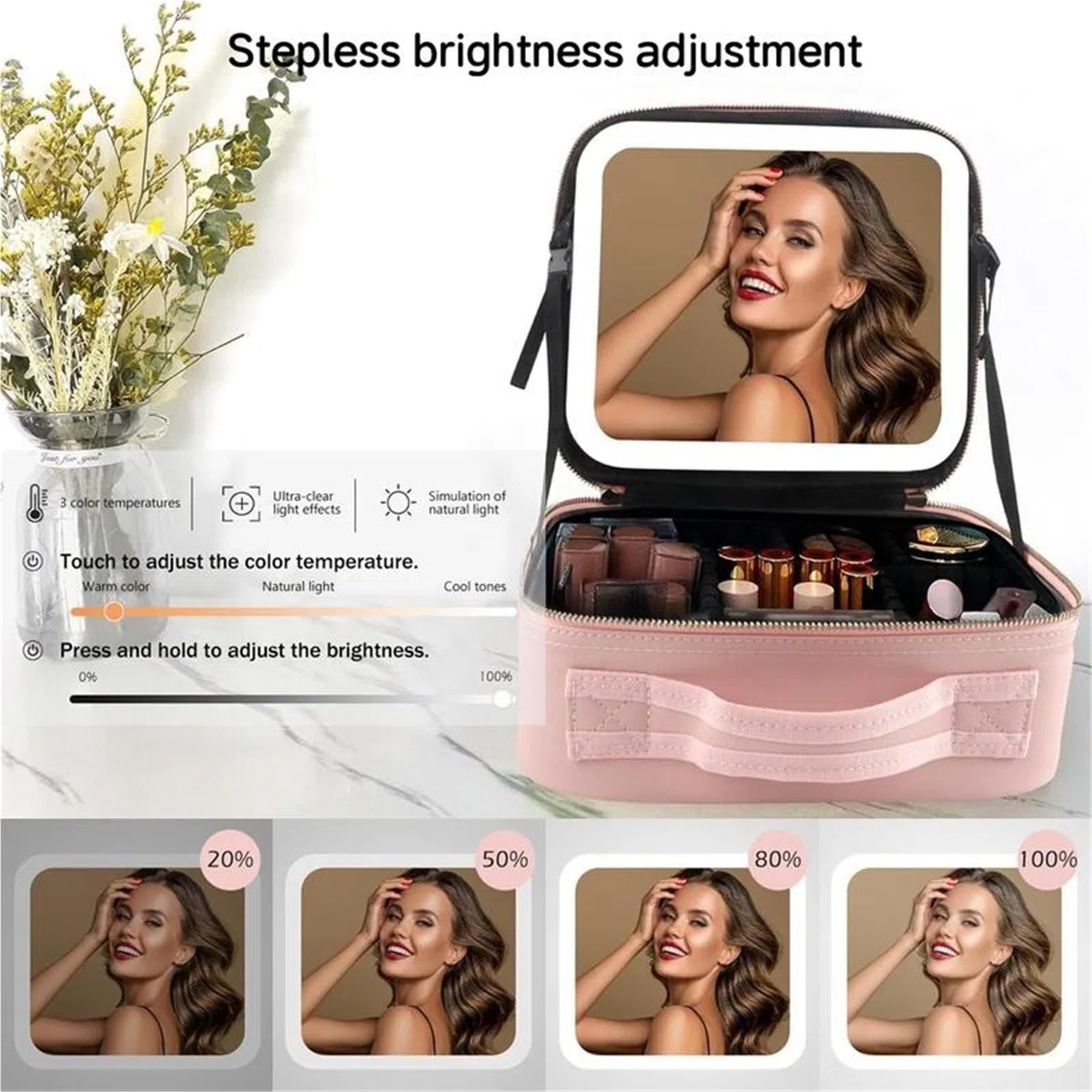 Bolsa de Maquillaje con Espejo y Estuche de Maquillaje de Viaje Ligero Cosmético Neceser de Maquillaje