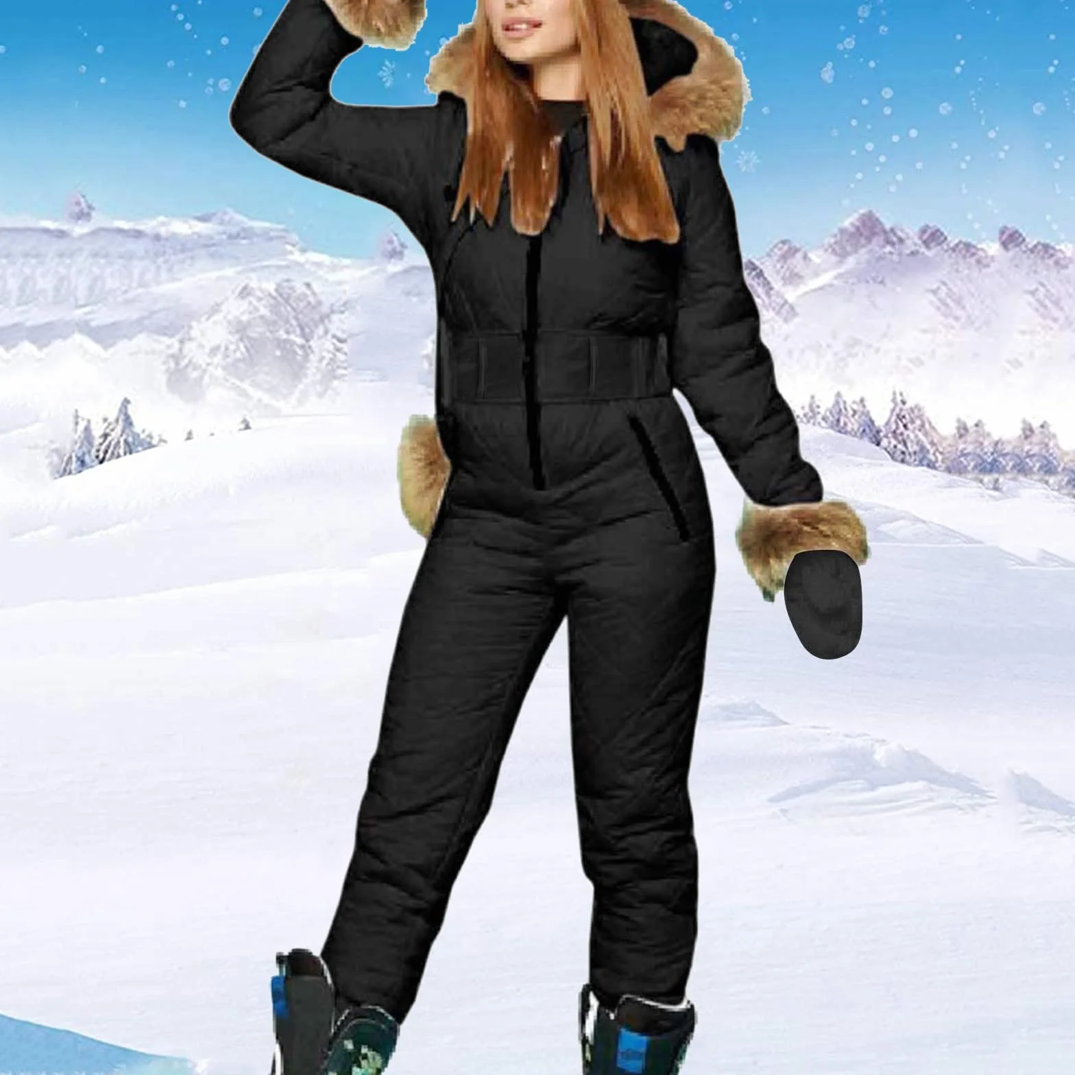 Mono de nieve para mujer - Traje de esquí para mujer, 3 piezas, mono de esquí de una pieza, conjunto de esquí con guantes de esquí, bolsa para cinturón, invierno cálido