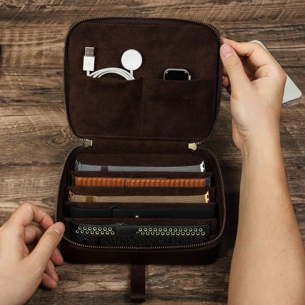 Hiram Organizador de cuero para correas de reloj con asa, caja de almacenamiento portátil para Apple Watch y correas mecánicas