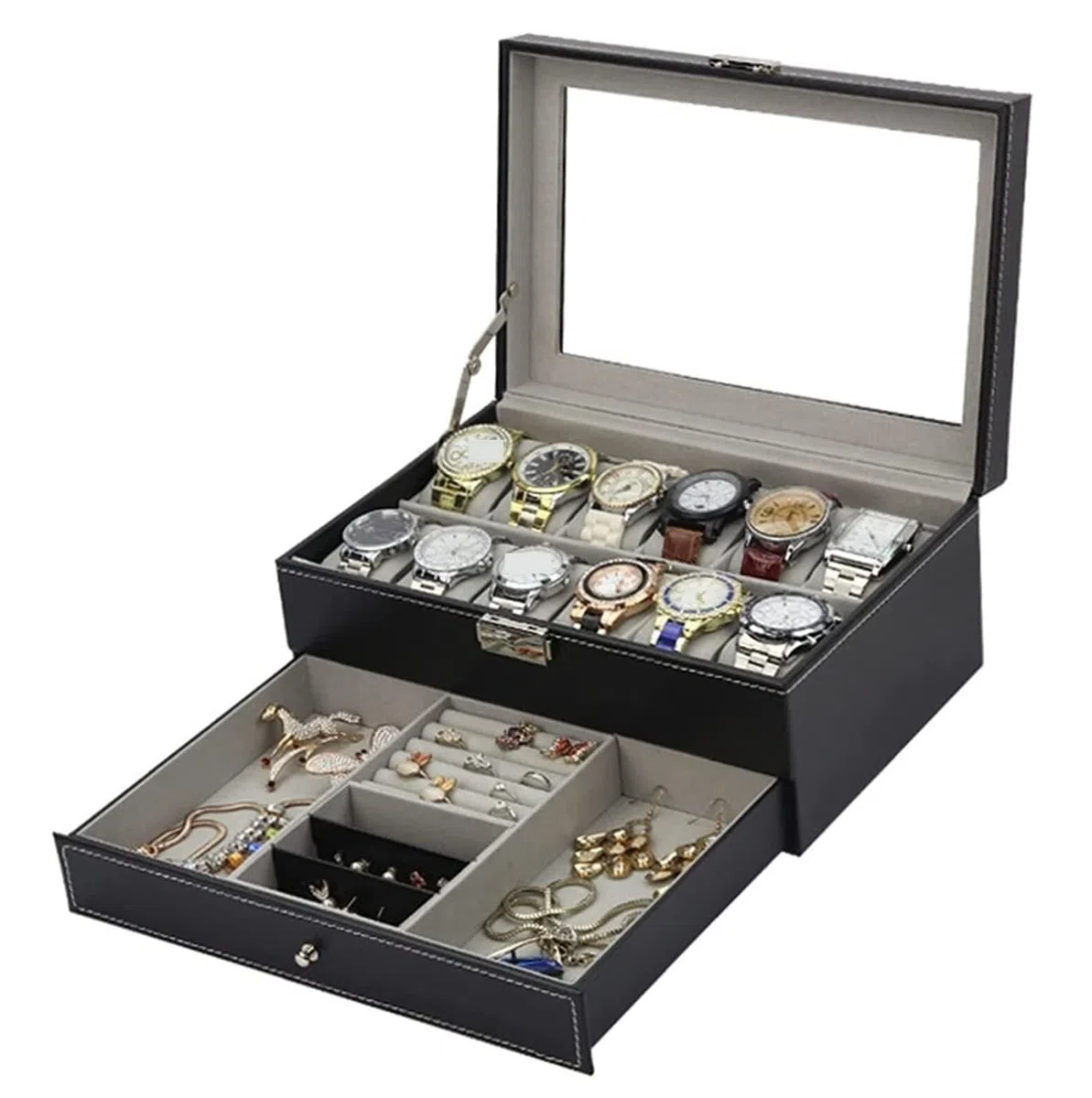 Caja De Reloj Organizador De Joyas Caja De Reloj 12 Ranuras Caja De Almacenamiento De Exhibición De Doble Capa Tapa De Vidrio con Cerradura De Metal Estuche para Relojes(Black)