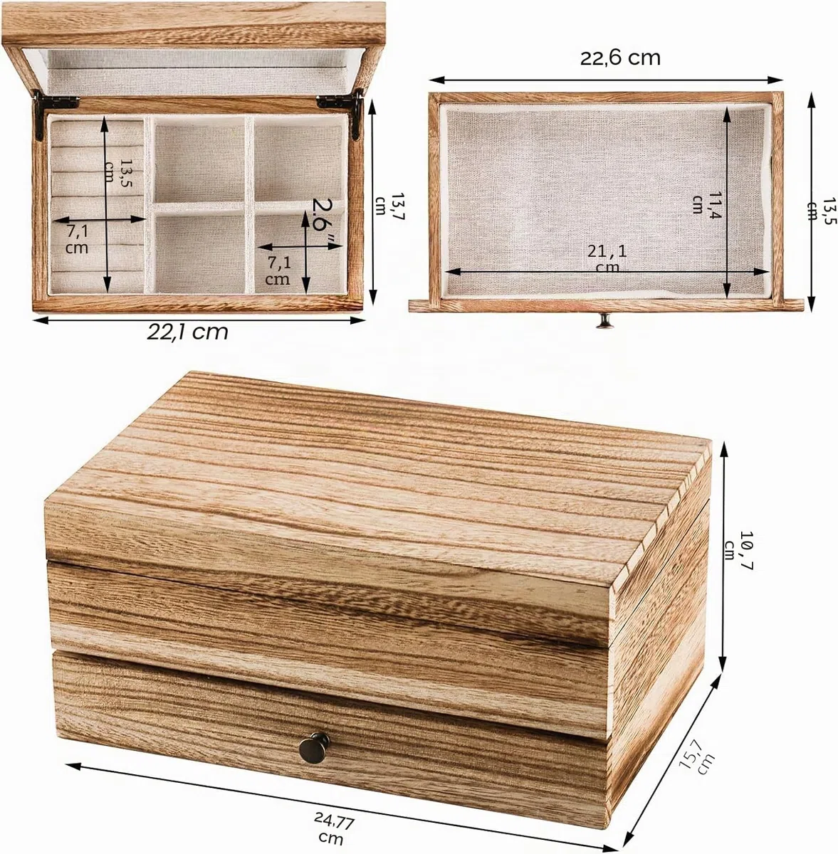 Tebery Caja Organizadora de Joyas de Madera Rústica con Espejo para Mujeres y Niñas, Caja de Almacenamiento de Joyas Vintage de 2 Capas con Bandeja para Anillos, Collares, Aretes, Pulseras (Madera