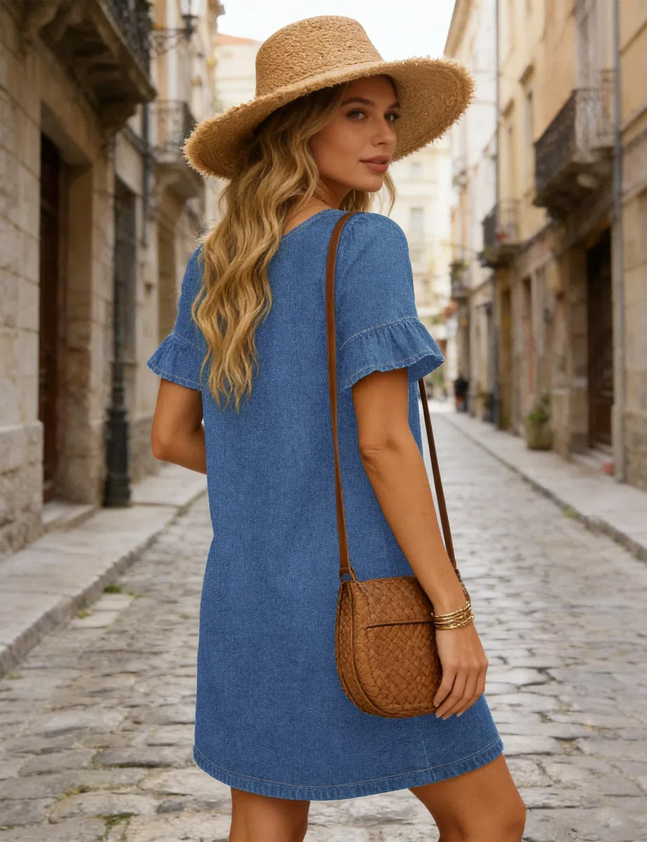 Fengbay Vestido blusa vaquero para mujer, largo hasta la rodilla, vestido de verano, cuello en V, informal, elegante, vestido camisero, vestido recto con bolsillos