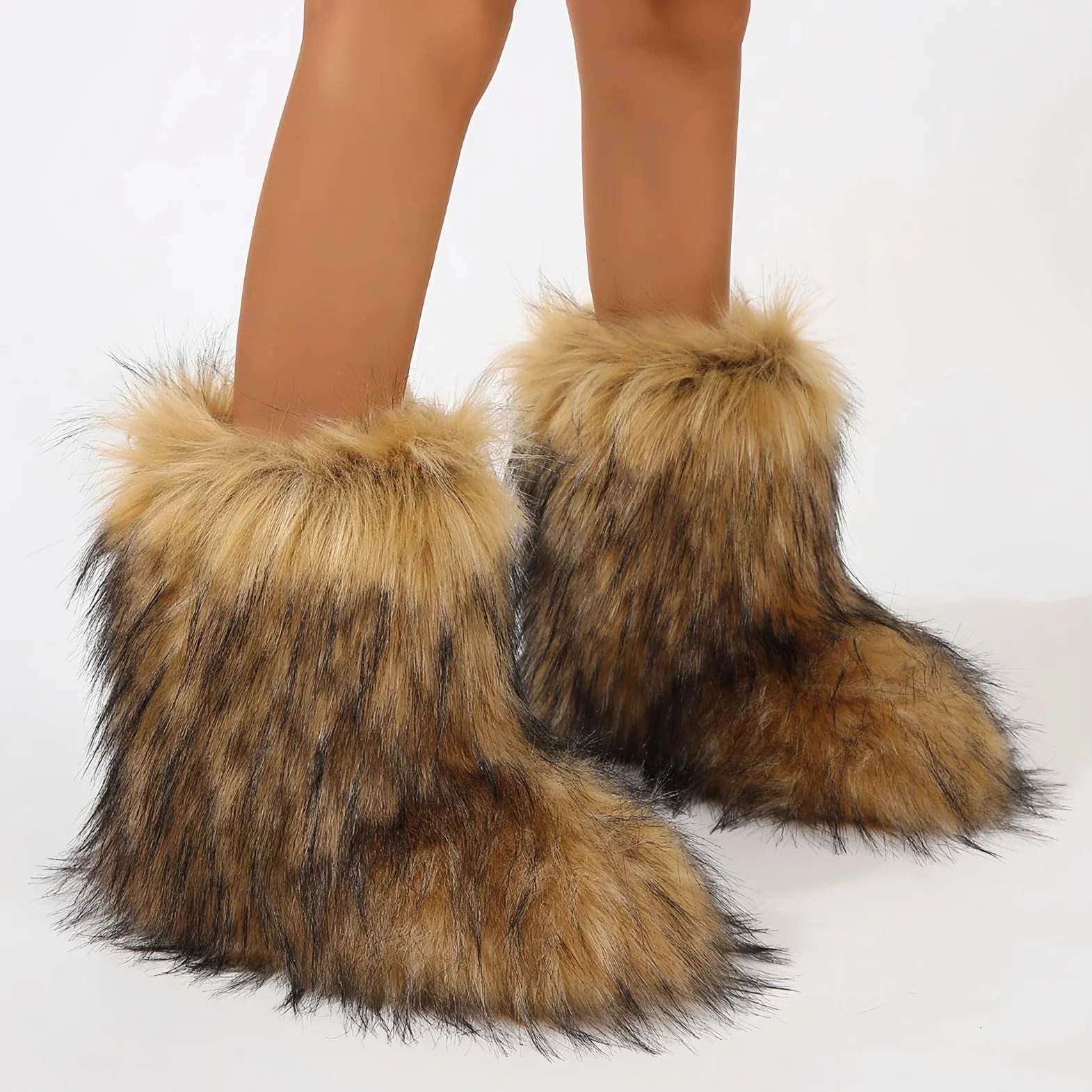 Furry Faux Fur Botas de nieve de invierno fuzzy zapatos peludos de las mujeres gamuza caliente medio ternera cómodas botas de moda planas al aire libre
