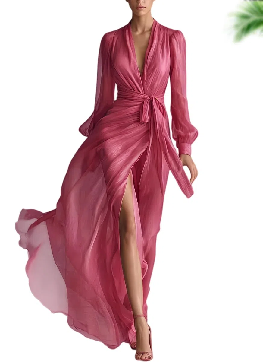 Genérico Vestido Largo Elegante de chifón Rosa Palo para Mujer: Cuello en V, Cintura con Lazo, Dobladillo asimétrico con Abertura; Maxi Vestido Liso y Sofisticado.