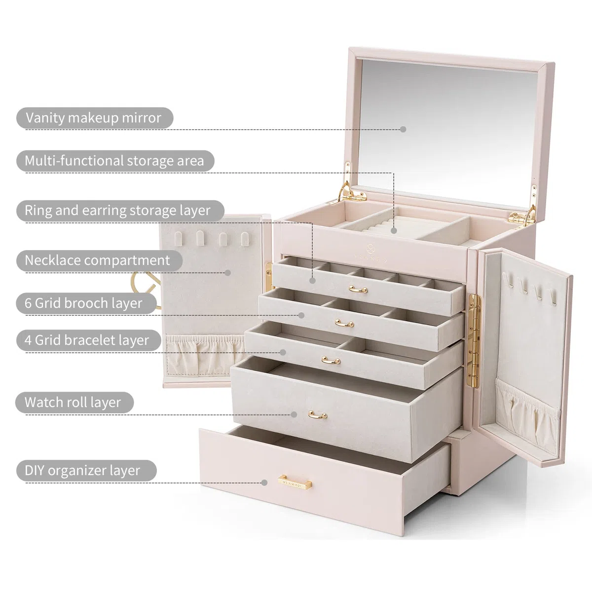 Vlando Joyero para mujer, organizador de joyas con 5 dibujos, cajas de joyería de piel sintética para mujeres y niñas, collar y anillos, caja de almacenamiento color blanco albaricoque