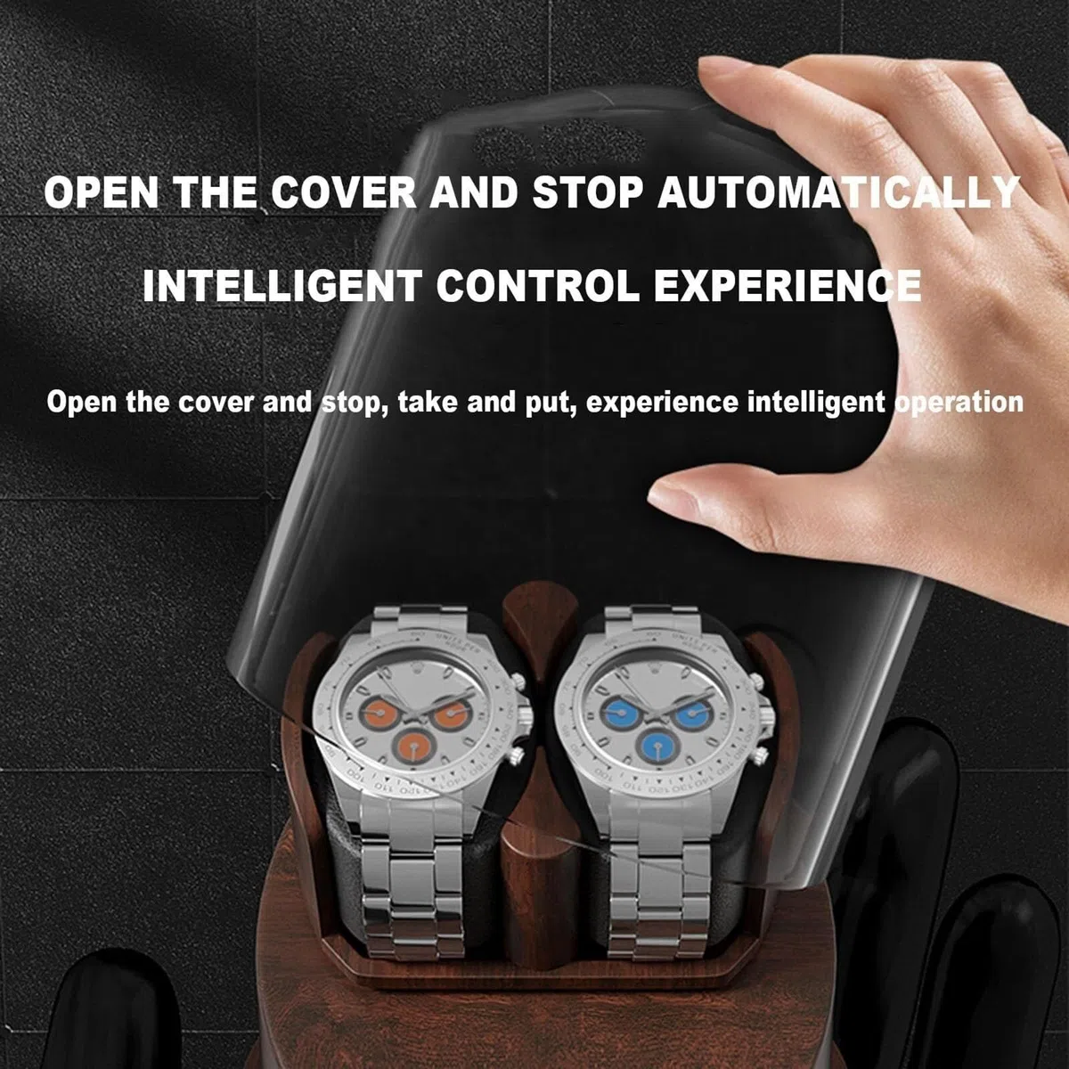 Reloj mecánico automático con pantalla giratoria con luz ambiental LED, ajuste de 5 velocidades, fuente de alimentación dual, para decoración