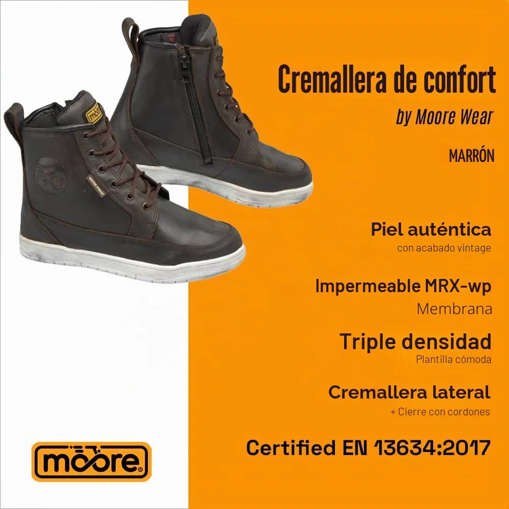 Moore Botas Moto Comfort Zip Marrón Piel, Membrana Imp. MRX-wp, Refuerzo Tobillo, Suela Tipo Sneaker, Cert. EN13634:2017