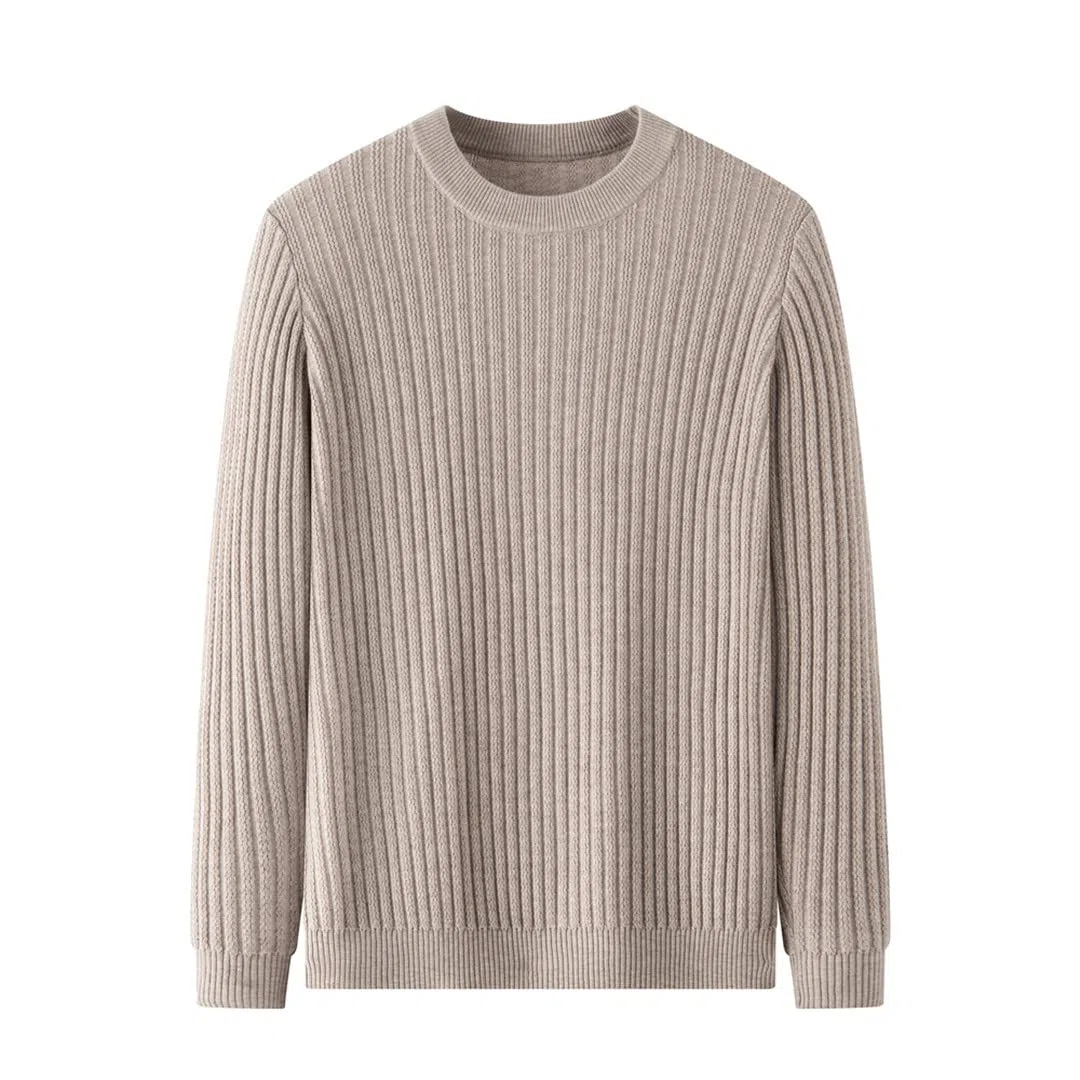 Hombres O-cuello de rayas suéter de los hombres ropa otoño invierno cálido jersey de lana prendas de punto, beige, S