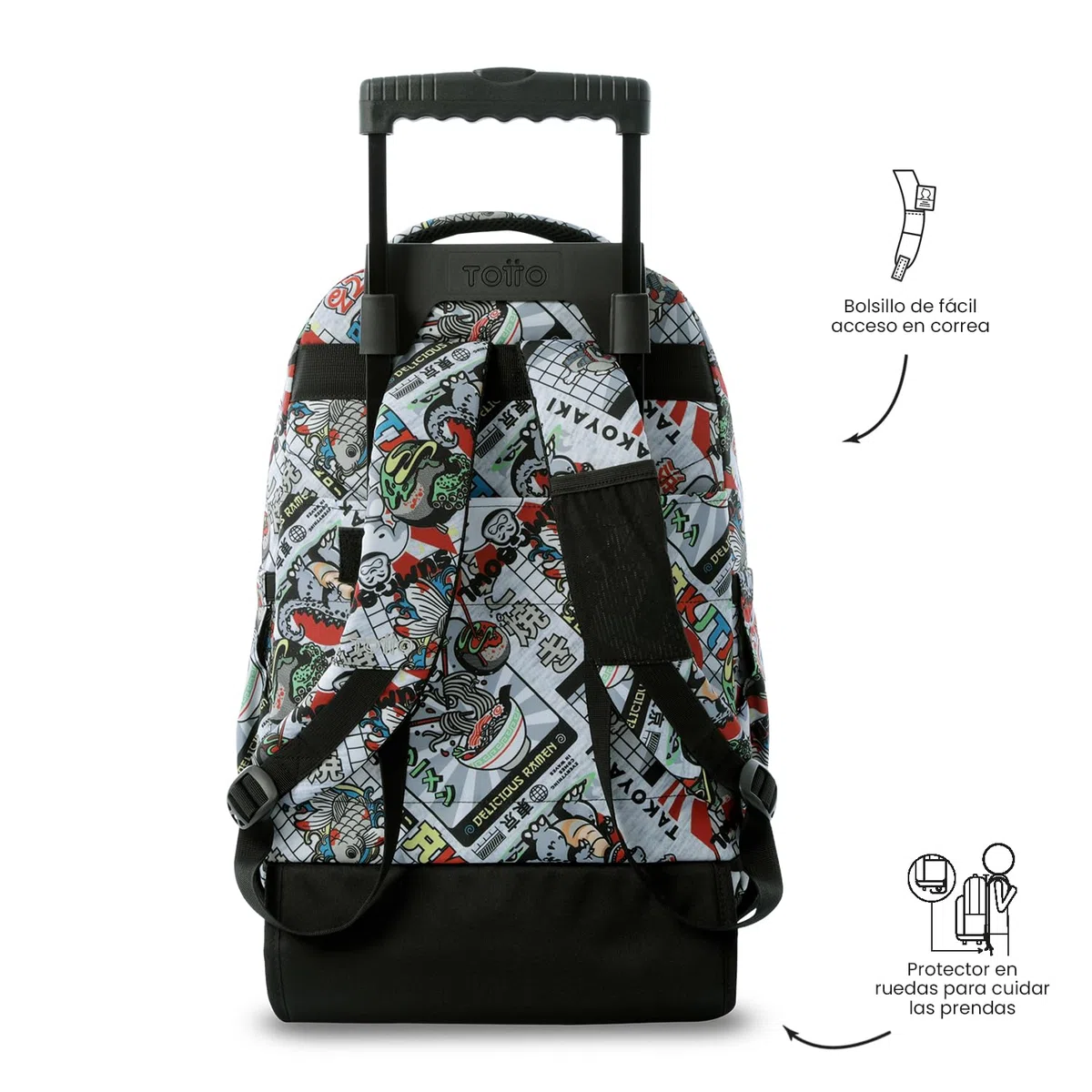 TOTTO - Mochila Escolar con Ruedas, Modelo Renglones, Capacidad 26,21 Litros, Bolsillo para PC 14", Bolsillo Botella, Correas en S para Mayor Comodidad, Resistente, Estampado Ramen Gris
