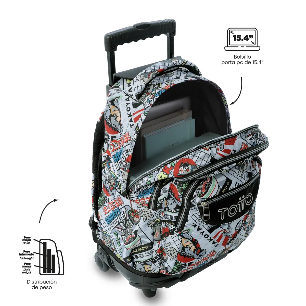 TOTTO - Mochila Escolar con Ruedas, Modelo Renglones, Capacidad 26,21 Litros, Bolsillo para PC 14", Bolsillo Botella, Correas en S para Mayor Comodidad, Resistente, Estampado Ramen Gris