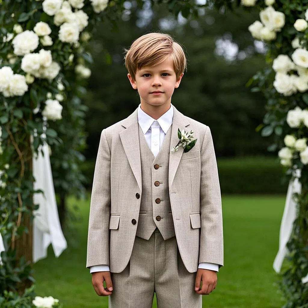 Traje de lino para niños, conjunto de 3 piezas para portador de anillos de boda, chaleco, chaqueta, pantalones