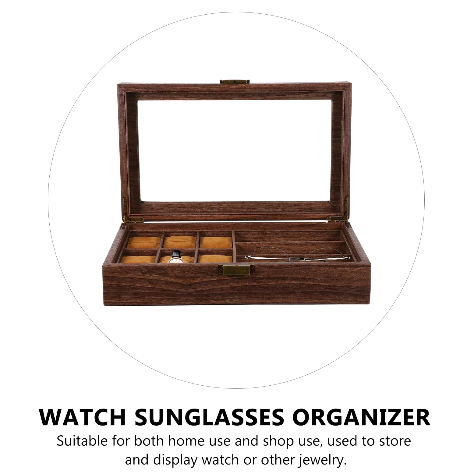 TOPBATHY Caja Organizador de Relojes y Gafas de Madera 6 Compartimentos para Relojes y 3 Ranuras para Gafas Estilo Retro para Colección y Exhibición