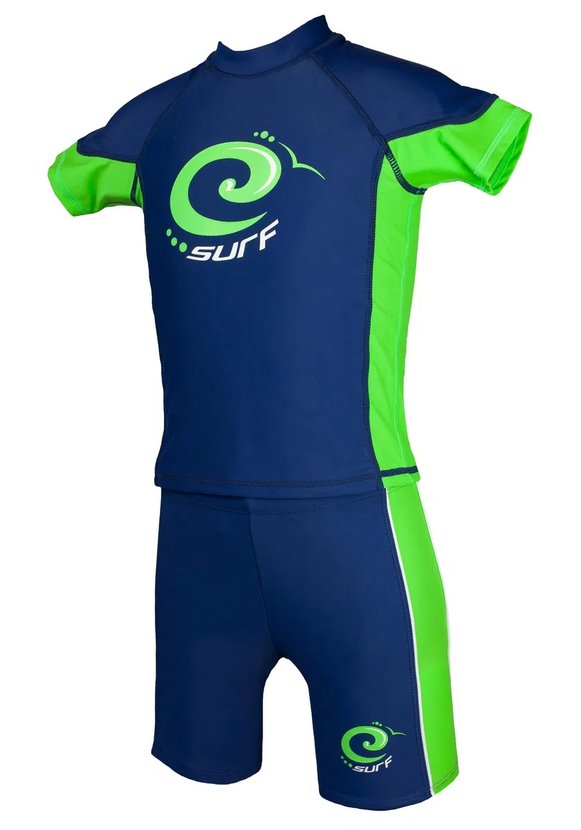 Camiseta de protección solar para niños con protección UV y bañador UPF 50+ azul y verde.
