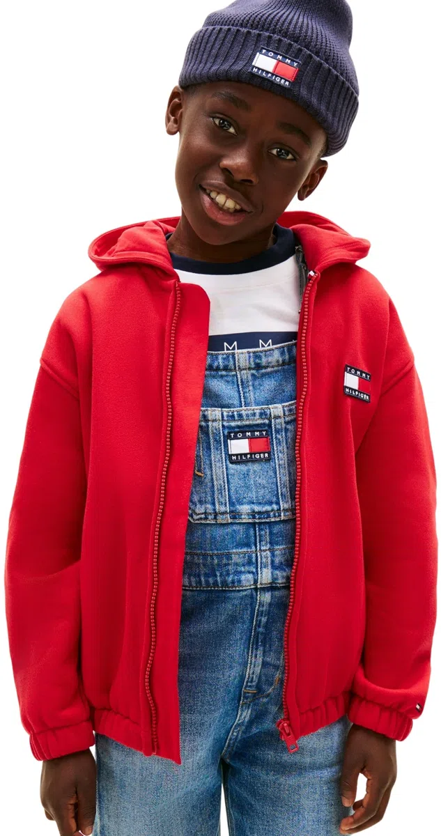 Tommy Hilfiger Sudadera con Cremallera Infantil Unisex Heritage Flag Terry y Logotipo en la Espalda, Rojo (Primary Red), 6 Años
