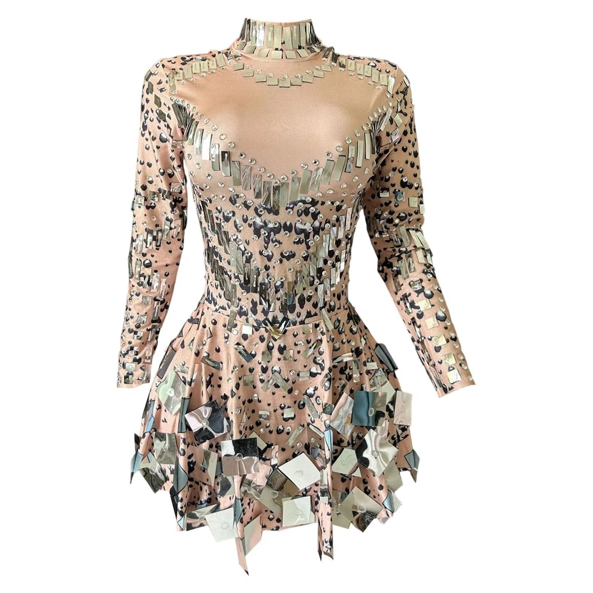 Lentejuelas Vestido Corto Sparkly Salón de Baile Disfraz Espejo Mujeres Equipo Sexy Escenario Llevar Lujo Bailarina Traje de Bailarina Cuello Alto Vestido Brillante Mini Vestidos Metálicos