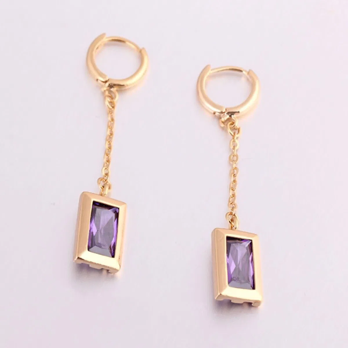 Pendientes de aro de oro amarillo Au585 de 14 quilates, para mujer, amatista morada, corte rectangular, oro de 14 quilates, pendientes pequeños de oro real