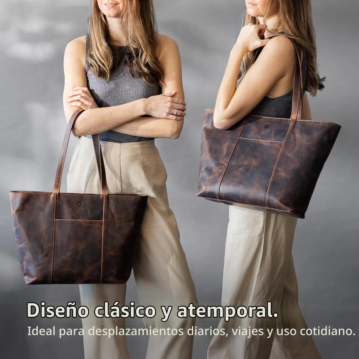 moonster Tote Bag 100% Cuero para Mujer – Bolso de Mujer Atemporal en Duradera Piel de Búfalo – Grandes Bolsos de Piel Auténtica para Mujer con Forro de Polialgodón y Aplicaciones Metálicas