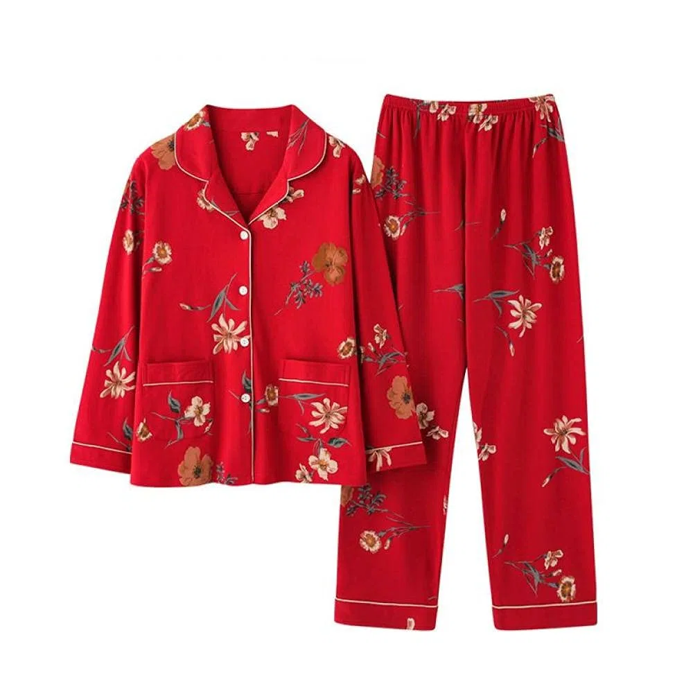 Manga Larga Pijama De Mujer De Dos Piezas,Conjunto De Pijama De Manga Larga para Mujer, Cuello Clásico con Muesca, Suave Y Cómodo, Algodón Puro, Rojo, Ropa De Salón, Pijama De Otoño Invierno Pa