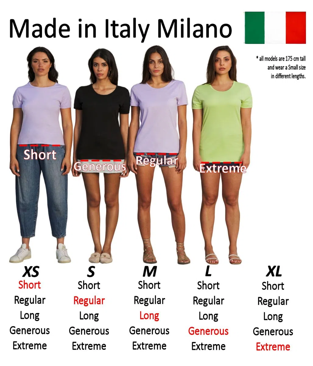 Camiseta de Mujer de Manga Corta – Algodón Pima Superior de Lujo – Producción Italiana – 5 Largos Diferentes