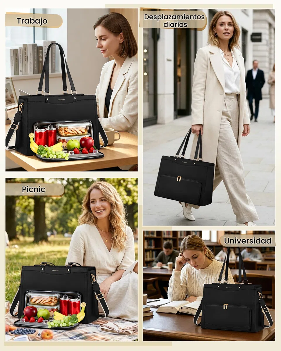 RAINSMORE Bolso Trabajo Mujer Ordenador Portátil de 15,6 pulgada con Nevera | Bolsa Profesora Maletín Maestra Grande Porta Alimentos para Oficina Universidad Shopper
