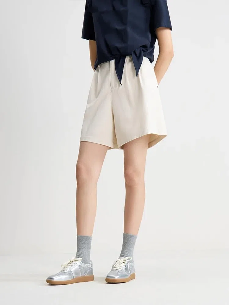 Pantalones cortos casuales de verano para mujer, cintura alta, elásticos, para la oficina, beige, L
